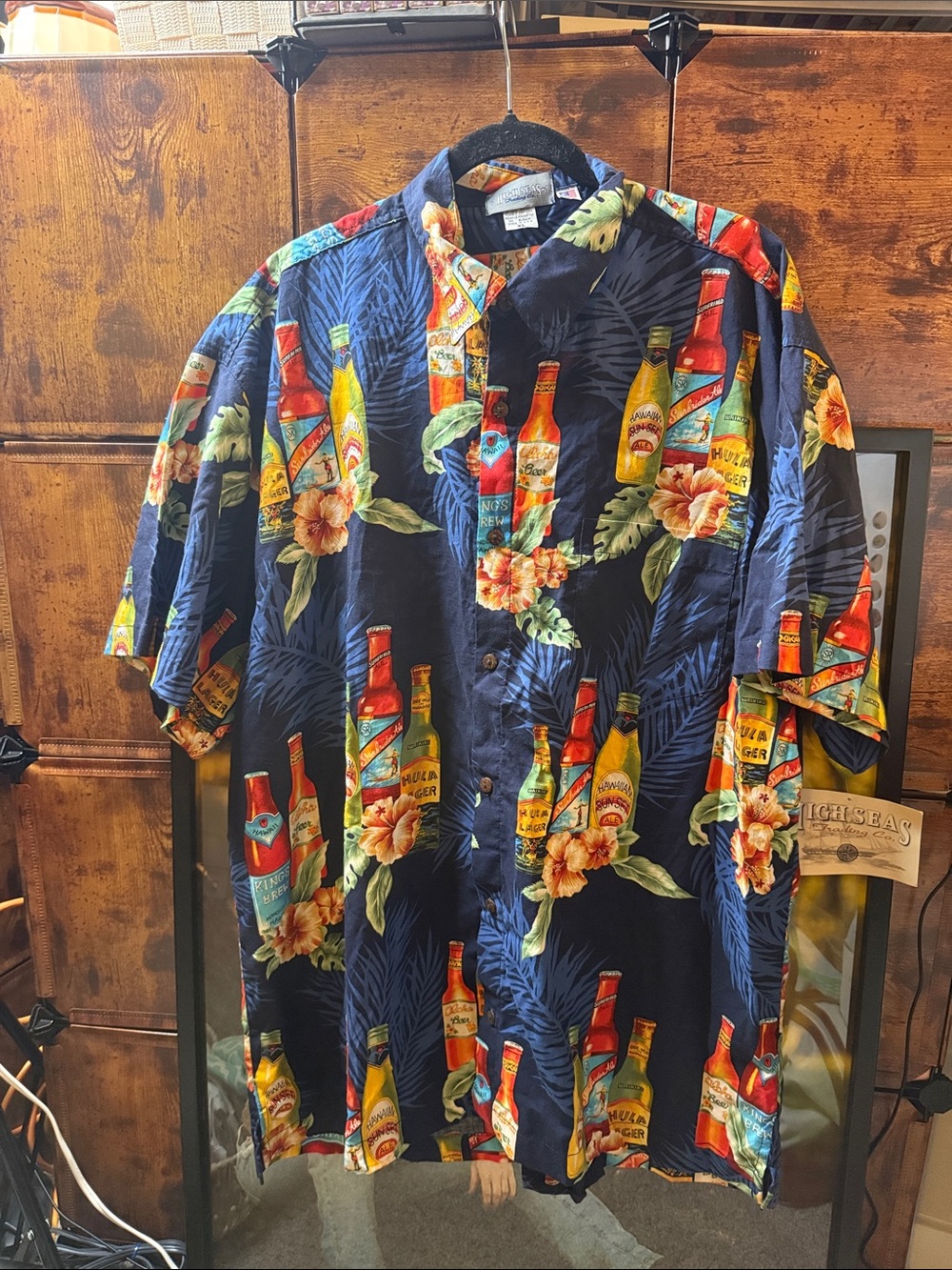 Vintage Navy Hawaiian Button-Down Shirt with Multicolor Aloha beer bottles